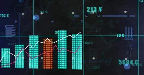 Displaying tiled bar chart with orange bar and dual lines on analytics Stock Illustration