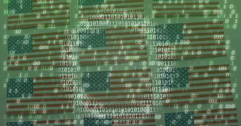 Displaying tiled US flags with floating binary digits and screen grid on Stock Illustration