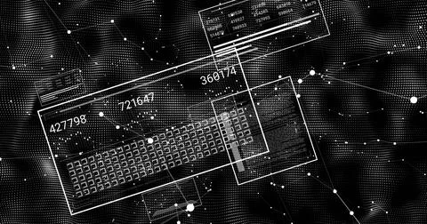 Displaying tilted data panel rotating in digital space, showing keyboard grid イラスト素材