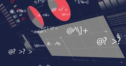 Displaying tilted grey panel on navy grid, showing red or grey pie charts and Illustrazione stock