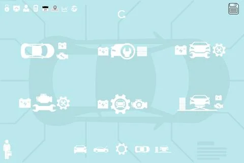 Displaying top-down car silhouette on teal radiating links to flat-design icons 스톡 일러스트