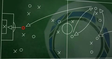 Displaying top-down white soccer pitch layout with arrows, soccer ball, goal Stock Illustration