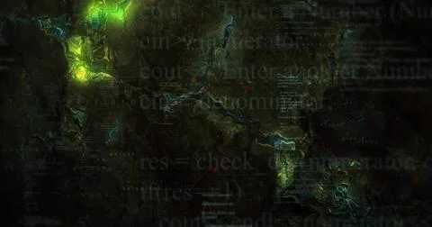 Displaying topographic visualization on dark screen, with glowing green hotspots Illustrazione stock