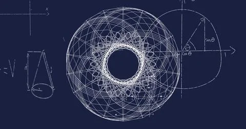 Displaying torus centered on navy blueprint showing ? semicircle with sin or cos Stockillustratie