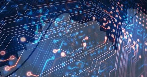 Displaying traces forming glowing pathways and nodes in virtual schematic with Stock Photos