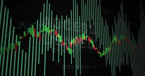 Displaying trade chart showing candles moving on screen, with vertical green Stock Illustration