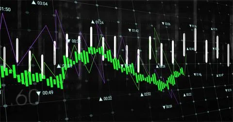 Displaying trading chart on dark screen with green candles, green and purple  Stock Illustration