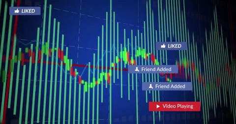 Displaying trading chart fluctuating on grid screen with bar graph and Foto stock