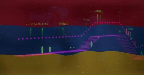 Displaying trading chart on screen, with green candles, dotted trendline, purple Stock Illustration