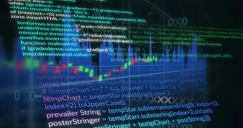 Displaying trading dashboard combining code overlay, candlesticks and blue Illustrazione stock