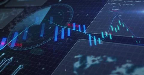 Displaying trading dashboard on dark grid showing candlesticks teal trend cyan Stock Illustration