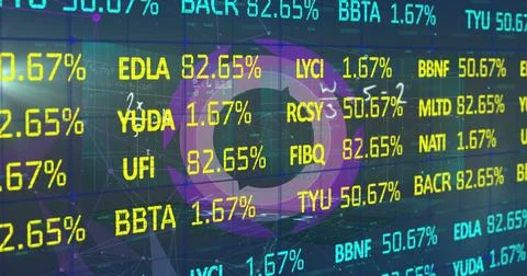 Displaying trading dashboard featuring token icon at center, with ticker codes Stock Photos