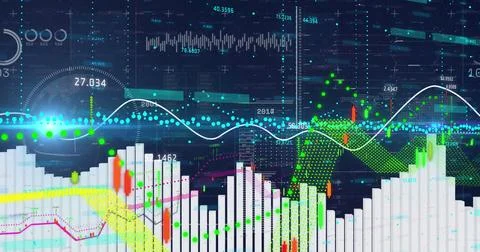 Displaying trading dashboard in interface, with bars, line charts, candles and Illustrazione stock