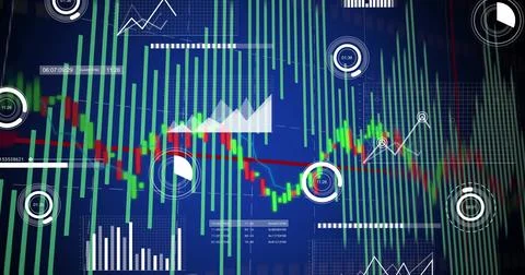 Displaying trading dashboard on screen at desk, with candlestick bars, trend Illustrazione stock