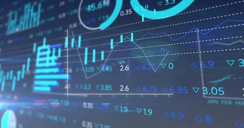 Displaying trading dashboard on screen with line graphs, bar charts, numeric Stock Illustration