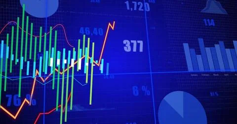 Displaying trading dashboard on screen showing candlestick bars and orange Stock Illustration