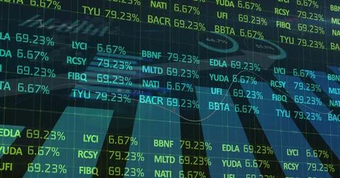 Displaying trading interface showing 3D bars, ticker symbols, percentages, 스톡 사진