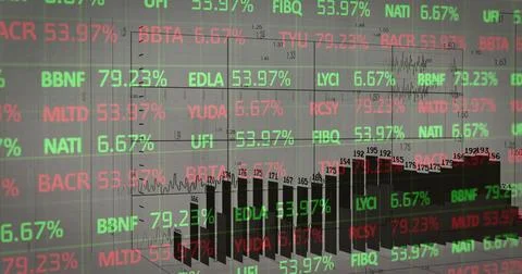 Displaying trading interface showing ticker symbols over 3D bar chart grid, Stock Photos