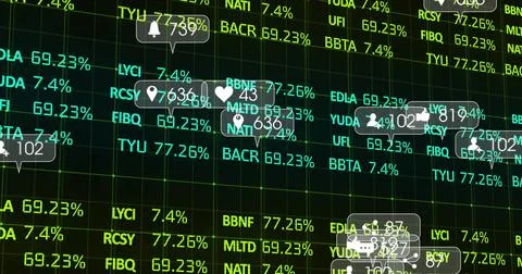 Displaying trading screen featuring ticker symbols, percentages, grid lines and Stock Illustration