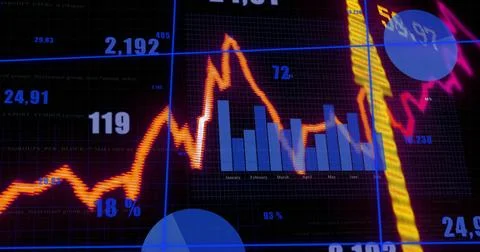 Displaying trading screen with grid, orange line graph, blue bars, yellow Stock Illustration