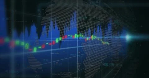 Displaying trading screen showing candlestick bars and area graph with lines map Illustrazione stock