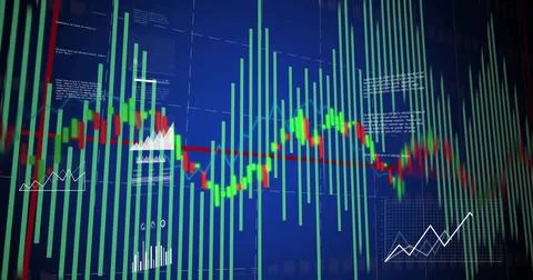 Displaying trading terminal chart showing candle line, green bars, red line and Stock Illustration