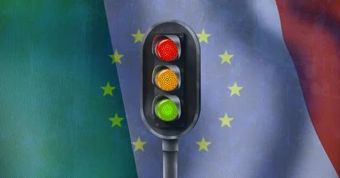 Displaying traffic light on short pole before draped flags with yellow stars, Stock Illustration