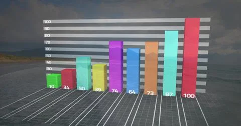 Displaying translucent 3D bar chart at coastal shoreline with wireframe grid and Stock Illustration