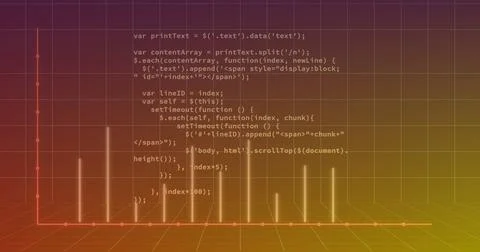 Displaying translucent 3D bar chart overlaying JavaScript code on digital grid, 스톡 사진