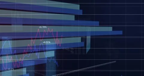 Displaying translucent 3D bars with magenta blue lines on dark navy dashboard, Stock Illustration