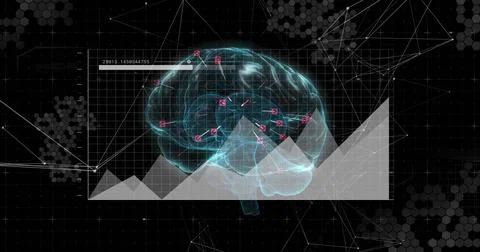 Displaying translucent 3D brain glowing cyan in digital dashboard, marking Ilustração Stock