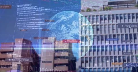 Displaying translucent 3D earth globe overlaying urban skyline, with binary Foto stock