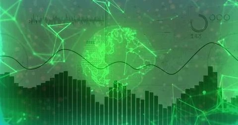 Displaying translucent 3D globe with network links on interface, with wavy graph Stock Illustration