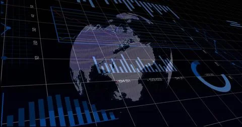 Displaying translucent 3D globe rotating over dark grid plane showing bars, Stock Illustration