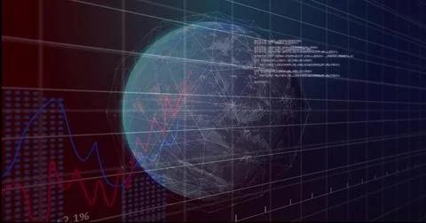Displaying translucent 3D globe rotating in data dashboard, showing wireframe Stock-Illustration