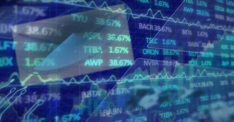 Displaying translucent 3D pie chart floating over tech dashboard interface, with Fotos Stock