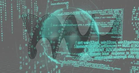 Displaying translucent 3D skull glowing on grid plane, with cascading code, 스톡 일러스트