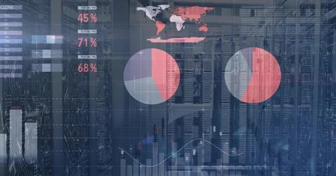 Displaying translucent analytics dashboard overlaying data center racks, with Stock Photos