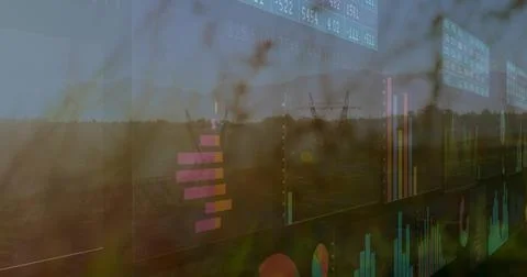 Displaying translucent analytics dashboard overlaying grassland at sunset, with Stock Photos
