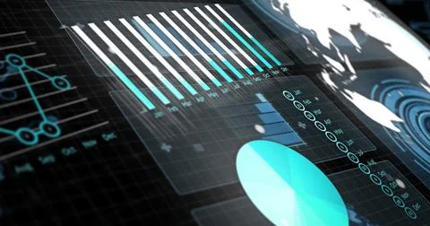 Displaying translucent analytics UI on curved screen, showing vertical bars, pie 写真素材