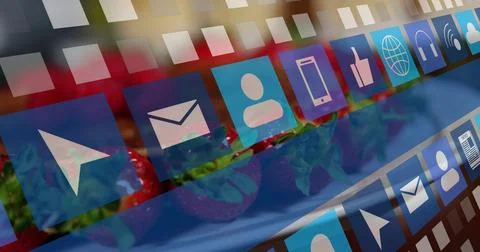 Displaying translucent app grid over blurred strawberries on blue plate, showing Stock Photos