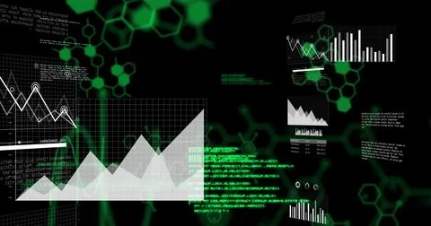 Displaying translucent area chart over dashboard, with data charts, code blocks, Illustrazione stock