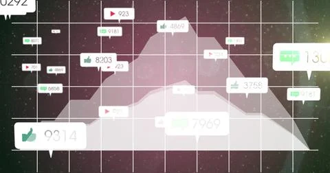 Displaying translucent area graphs rising over grid, with thumbs up, play button 스톡 사진