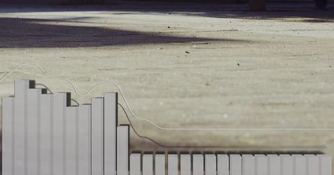 Displaying translucent bar and line chart on sunlit wooden deck, blending data 写真素材