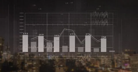Displaying translucent bar and line chart overlaying nighttime city skyline, Stock Photos