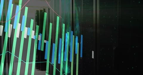 Displaying translucent bar chart and line graphs across left data center aisle Stock Photos