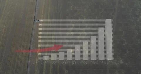 Displaying translucent bar chart with labels overlaying farm rows, with red Stock Illustration