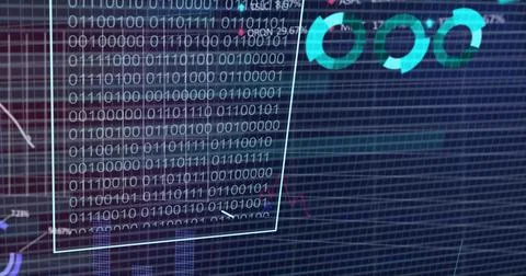 Displaying translucent binary panel showing 0s and 1s over monitor, cyan border, Stock Illustration