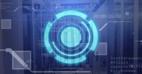 Displaying translucent blue circular HUD interface hovering in data center, s Stock Illustration