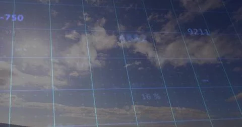 Displaying translucent blue grid overlay spanning partly cloudy sky, with Stock Photos